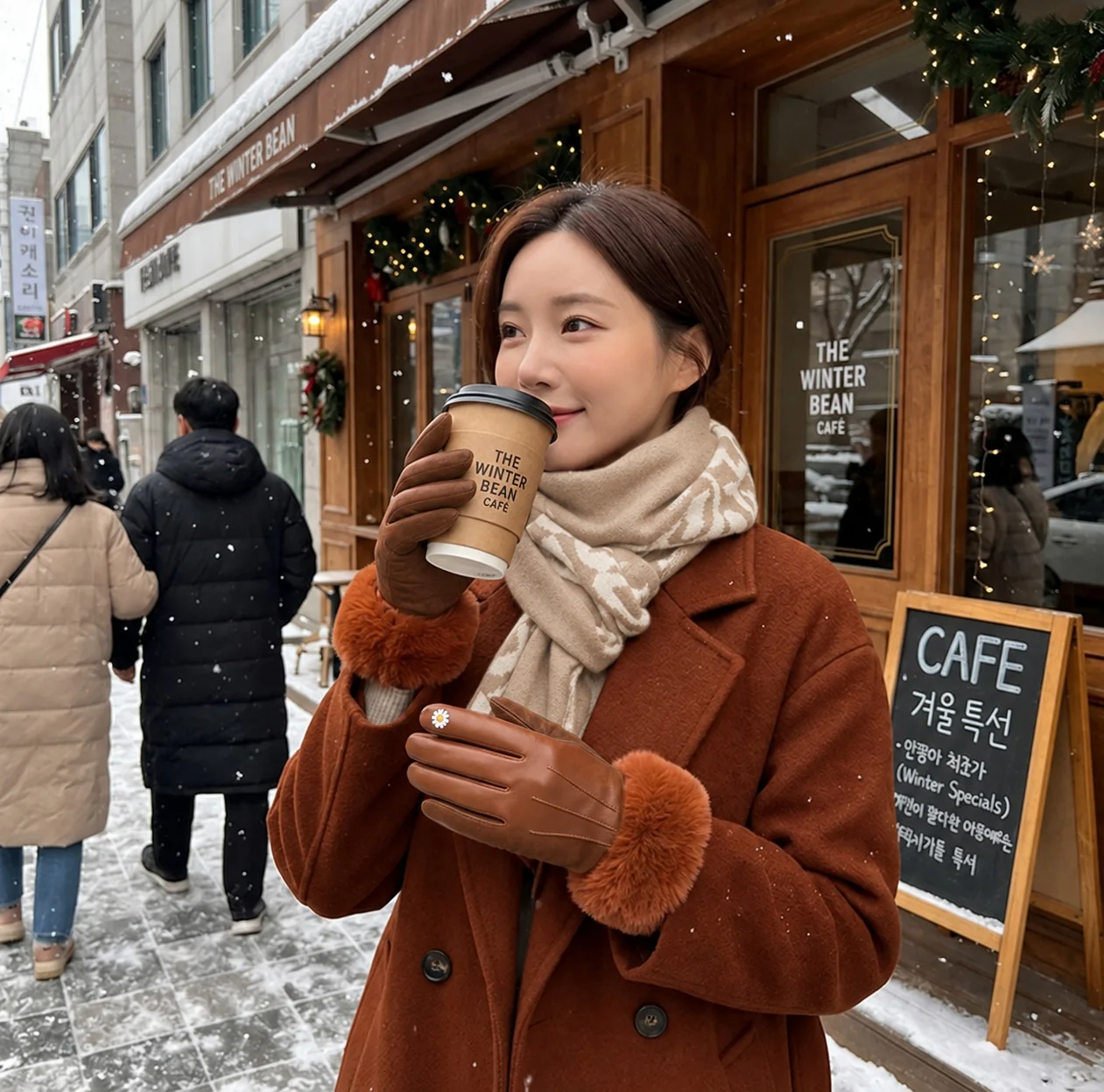브라운 장갑을 끼고 커피를 든 겨울 거리의 코디